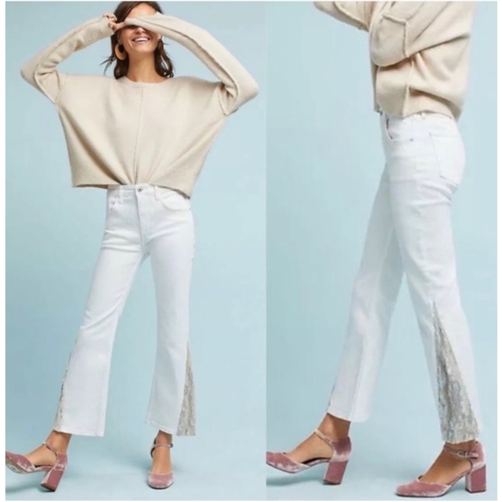 Anthropologie Pilcro & The Letterpress White Flare Sequins Five Pocket Jeans 25